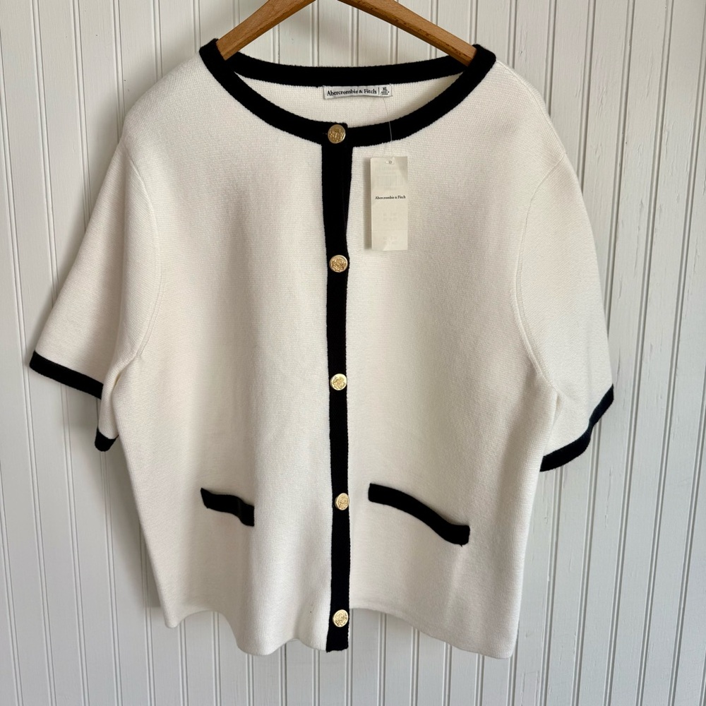 Abercrombie & Fitch White Short Sleeve Cardigan with Black Trim